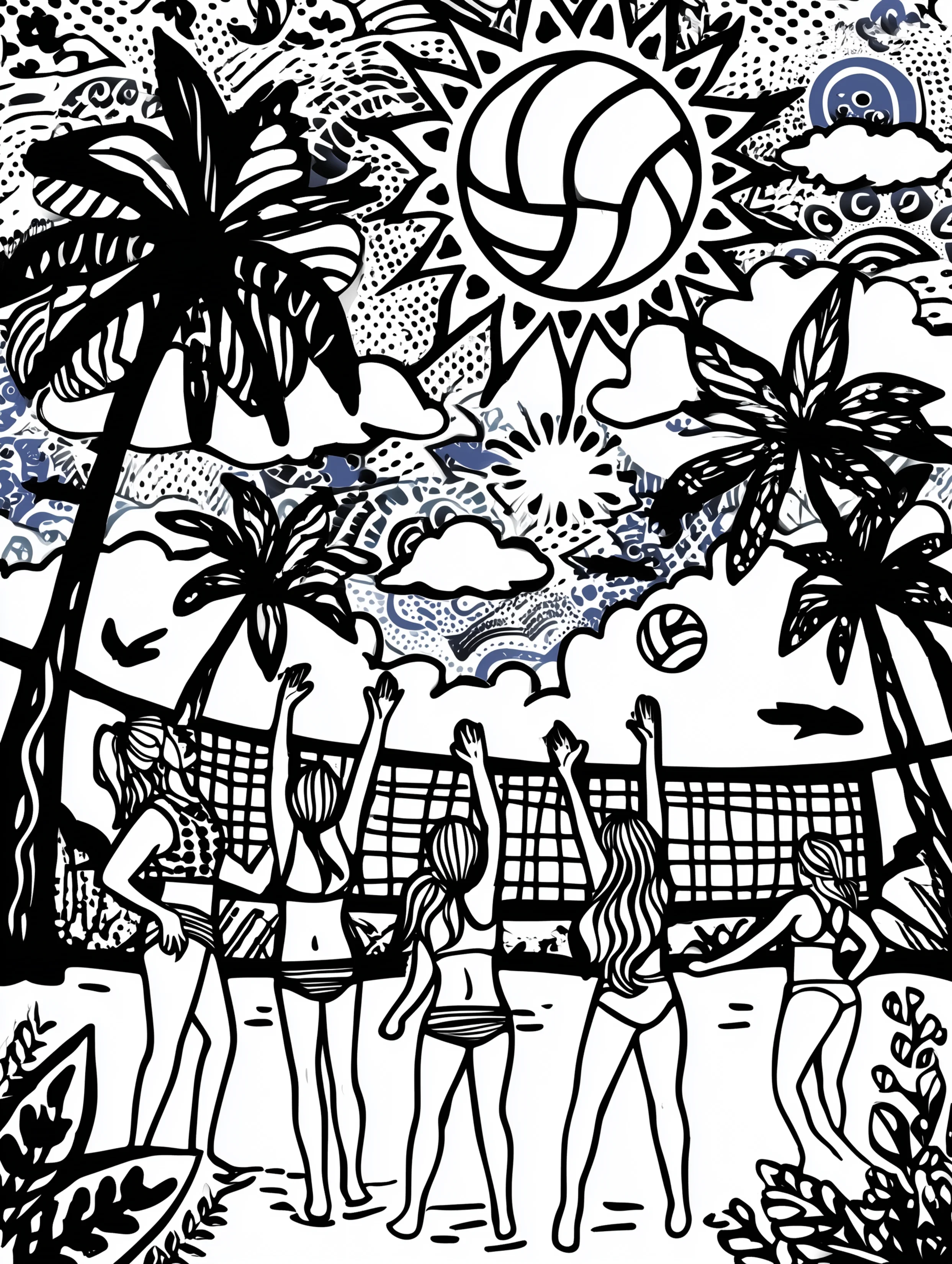 Free printable volleyball coloring page for adults featuring a figure reaching for a volleyball